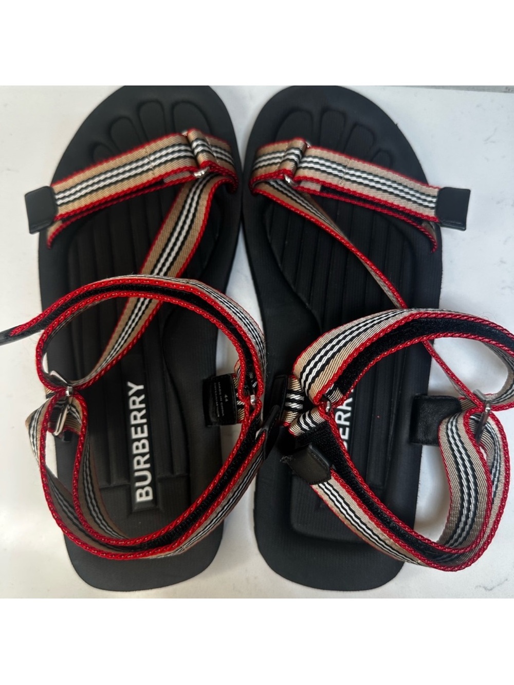 Burberry Black Sandals with Beige and Red Striped Webbing - Picture 5 of 8